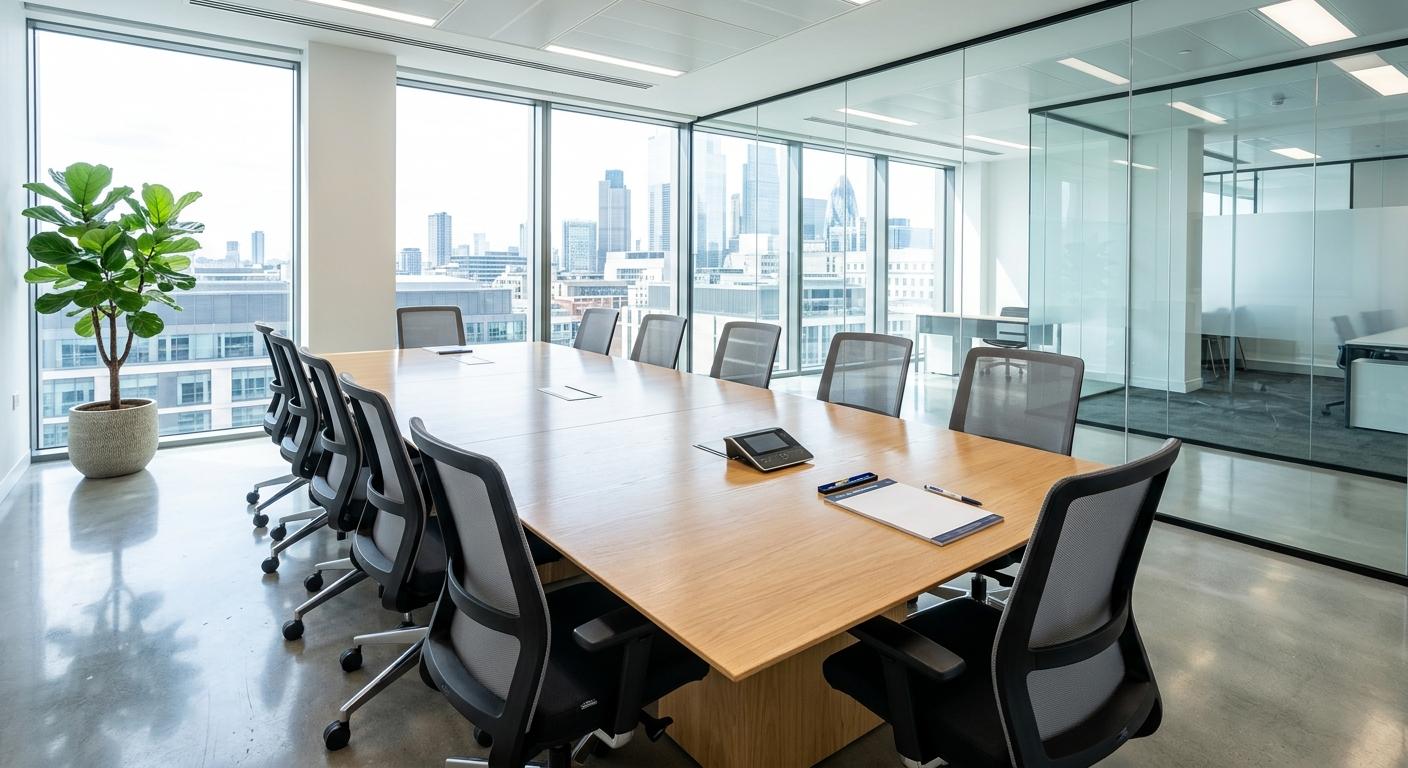 Clean, bright meeting room prepared for a business meeting