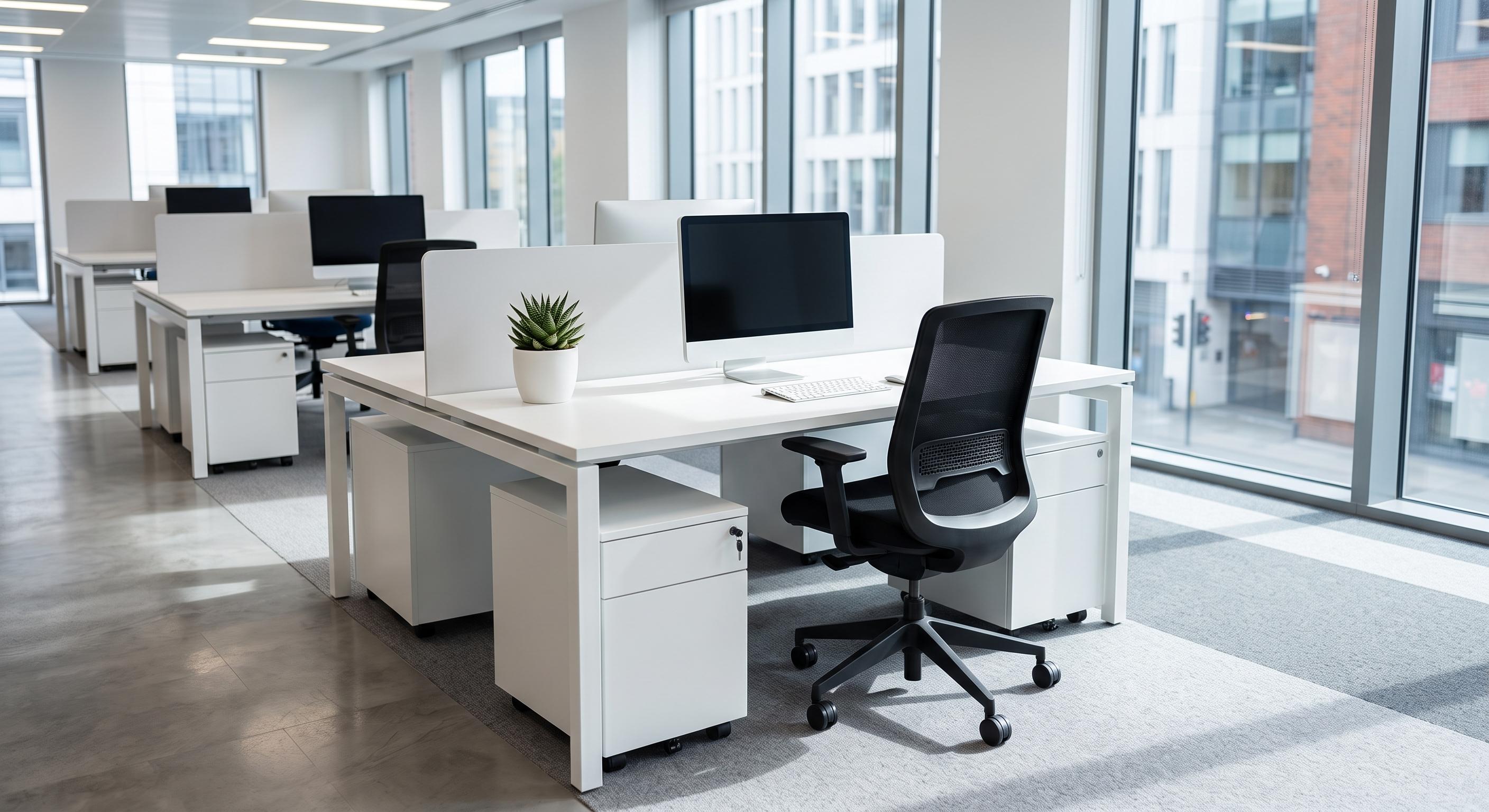 Cleaner wiping a desk in a bright office