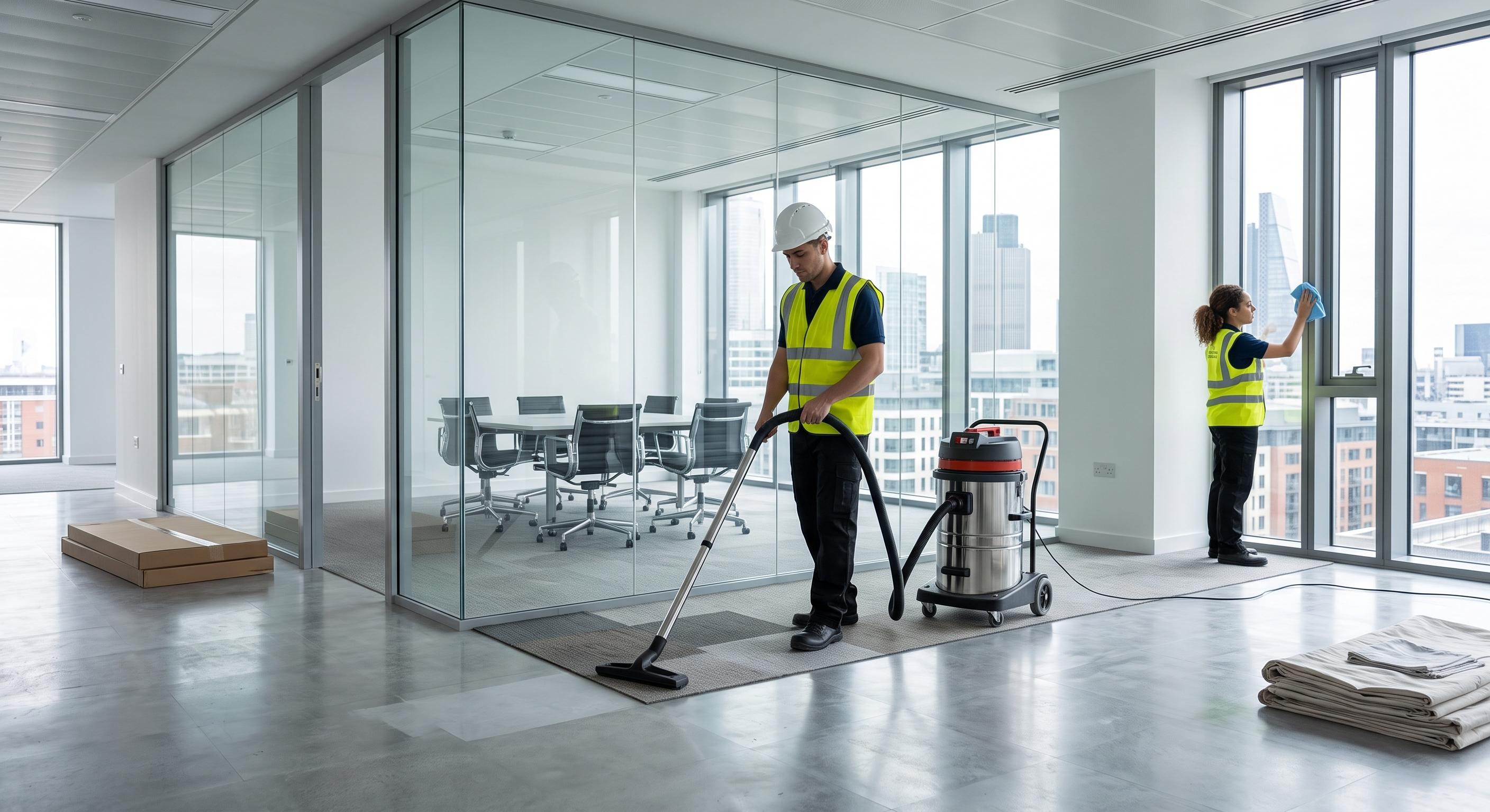 Cleaner preparing a newly completed space for handover