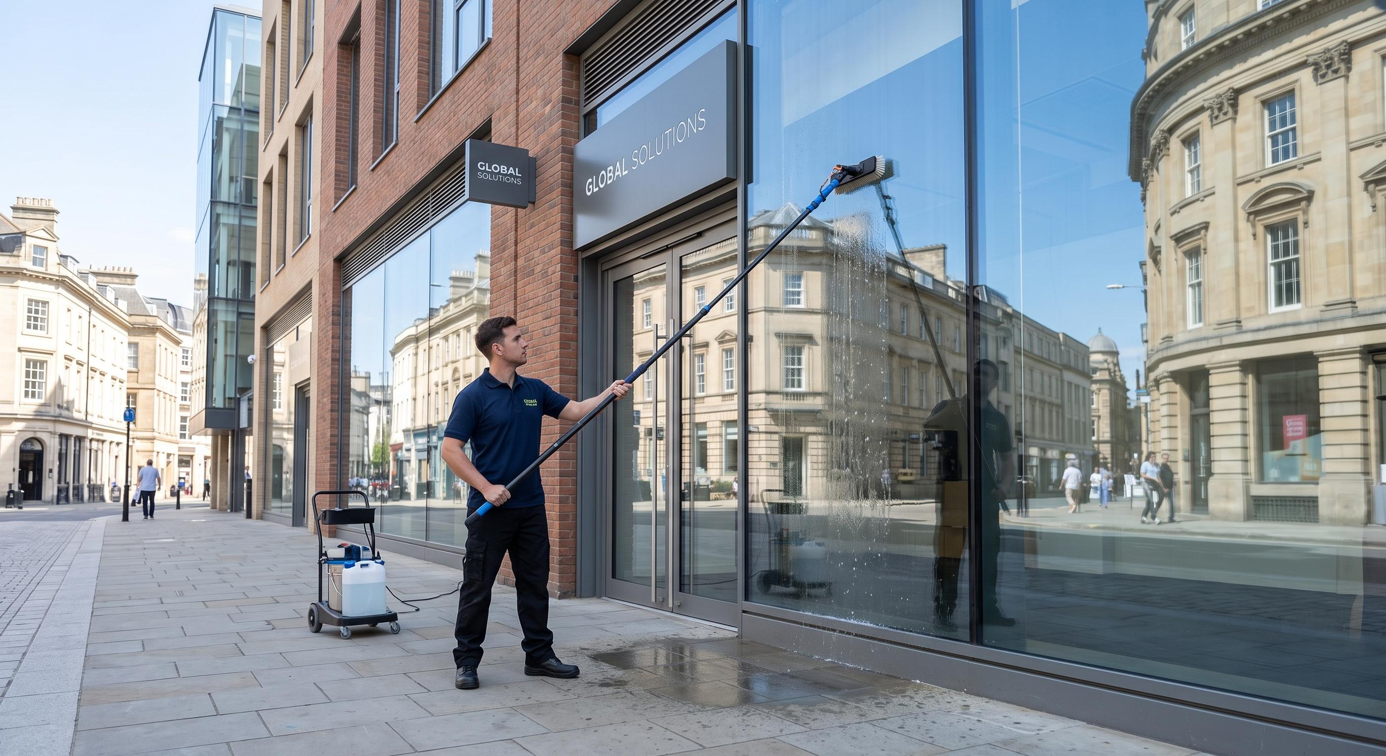 Cleaner washing large commercial windows